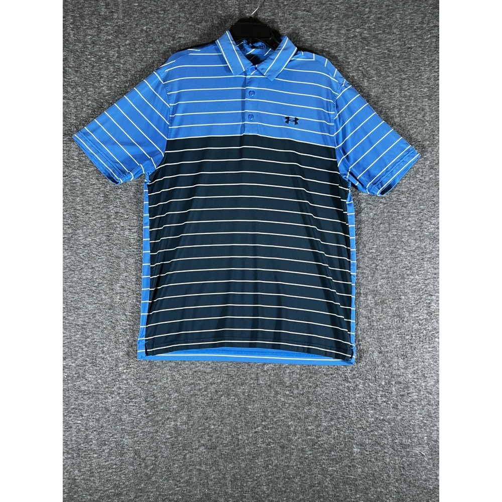 Under Armour HeatGear Mens Large Blue Striped Colorblock Short Sleeve Polo Shirt